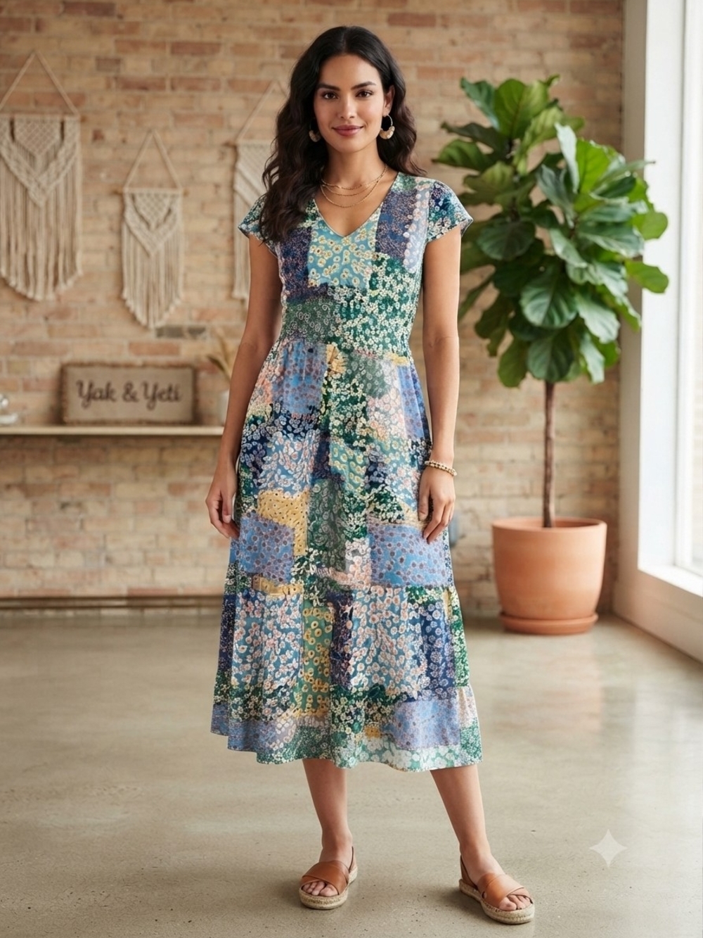 Patchwork Floral V-Neck Midi Dress in Blue and Green